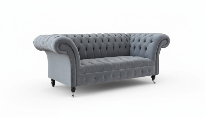 Divano Chesterfield 3 posti in tessuto grigio, lussuoso divano da soggiorno.
