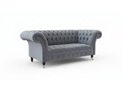 Divano Chesterfield 3 posti in tessuto grigio, lussuoso divano da soggiorno.