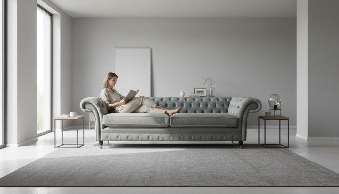 Divano 4 posti Chesterfield imbottito in tessuto grigio per il soggiorno.