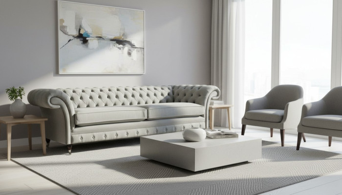 Divano 4 posti Chesterfield imbottito in tessuto grigio per il soggiorno.