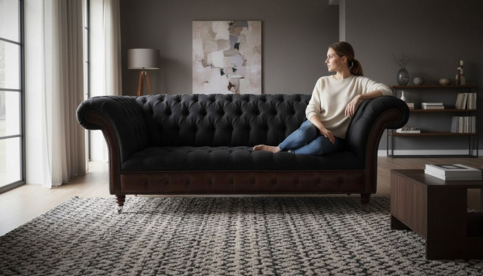 Chesterfield divano a 3 posti in pelle nera imbottita nuovo