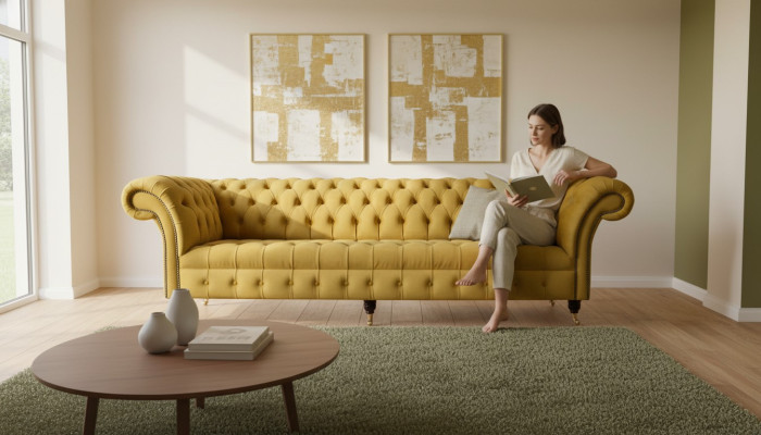 Chesterfield Tessuto Imbottito Divano di Design Divano 4 Posti Nuovo