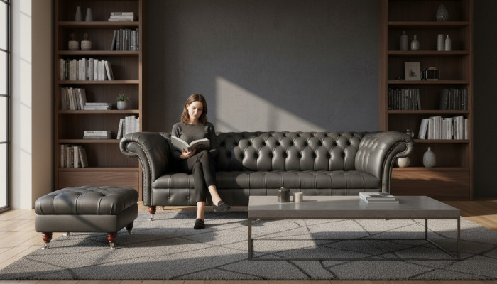 Divano di lusso a quattro posti Chesterfield stile inglese in tessuto design soggiorno.