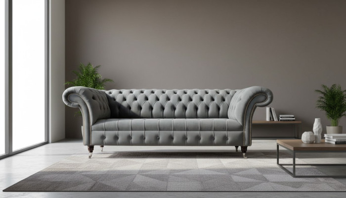 Divano Chesterfield Chesterfield inglese grigio in velluto a tre posti da 230 cm per ufficio.