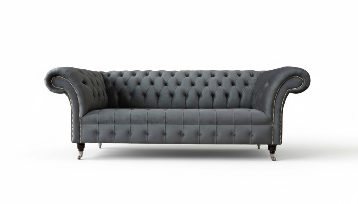 Divano Chesterfield Chesterfield inglese grigio in velluto a tre posti da 230 cm per ufficio.