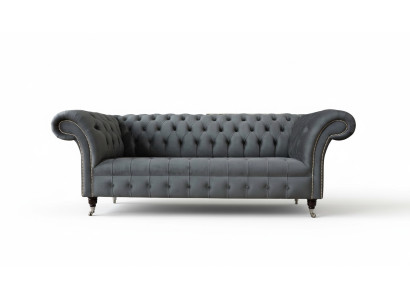 Divano Chesterfield Chesterfield inglese grigio in velluto a tre posti da 230 cm per ufficio.