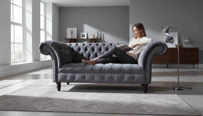 Divano a 2 posti design in tessuto grigio Chesterfield nuovo.