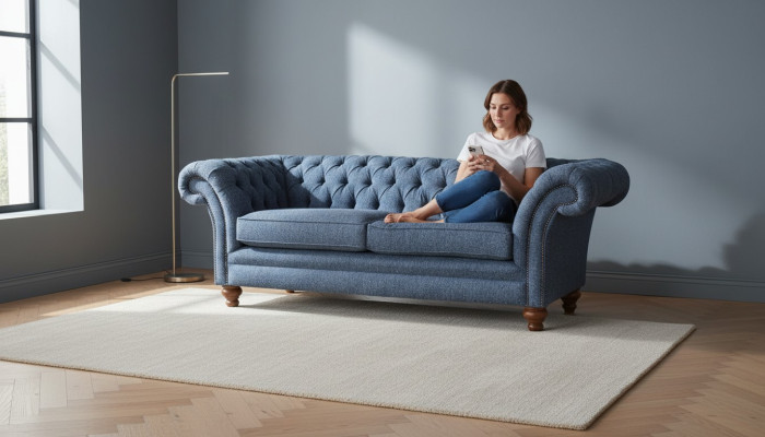 Divano inglese Chesterfield in velluto a tre posti da 230 cm per ufficio.
