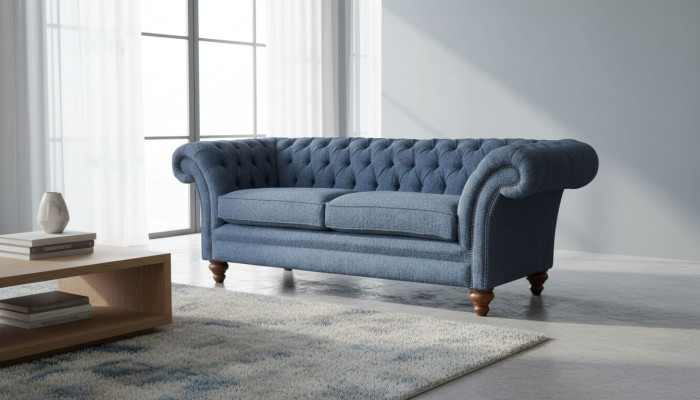 Divano inglese Chesterfield in velluto a tre posti da 230 cm per ufficio.