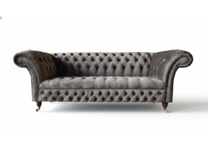 Divano Chesterfield inglese in velluto color talpa per ufficio a tre posti, lungo 230 cm.