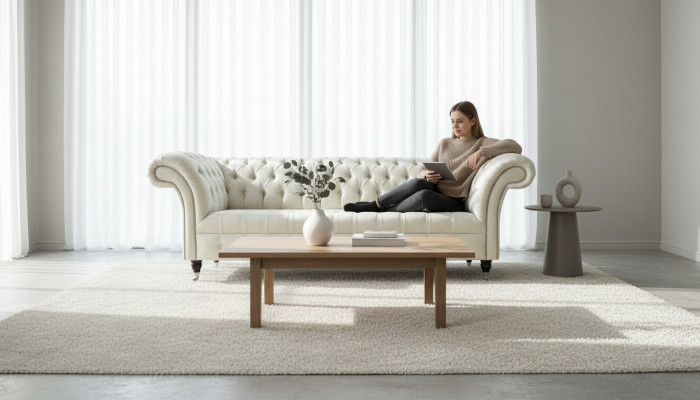 Tre posti in tessuto bianco divano da design per il soggiorno divano Chesterfield.