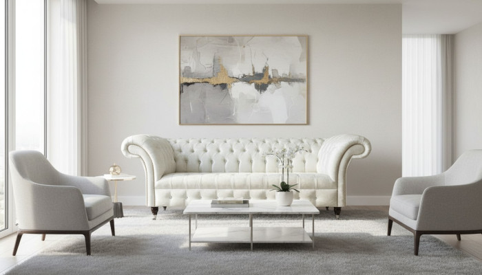 Tre posti in tessuto bianco divano da design per il soggiorno divano Chesterfield.