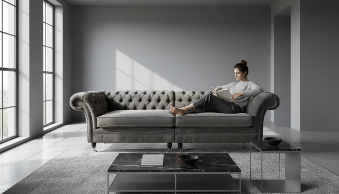 Divano Chesterfield a quattro posti 4 posti in stoffa di poliestere grigio.