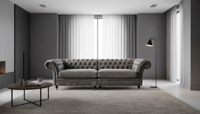 Divano Chesterfield a quattro posti 4 posti in stoffa di poliestere grigio.