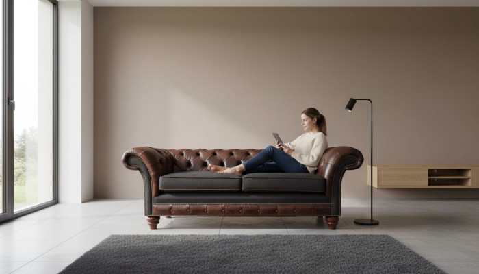 Divano Chesterfield marrone in stile classico inglese 3 posti imbottito 230cm.