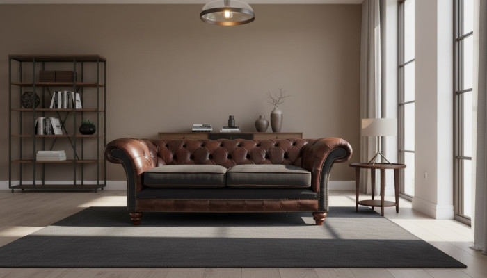 Divano Chesterfield marrone in stile classico inglese 3 posti imbottito 230cm.