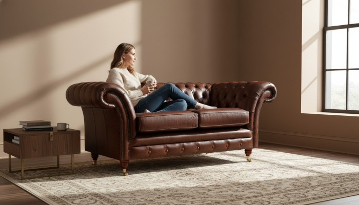 Divano Chesterfield Imbottito in Pelle Sofà Divani Marrone a Due Posti Nuovo