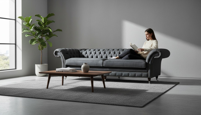 Divano design 4 posti in tessuto imbottito divano classico Chesterfield.
