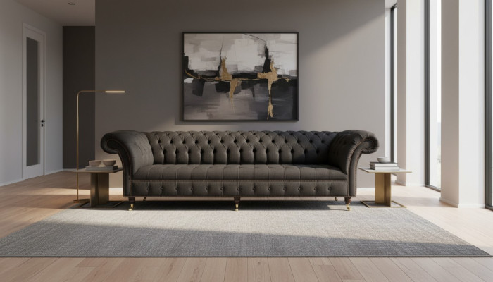 Divano Chesterfield 4 posti in tessuto nero per soggiorno design.