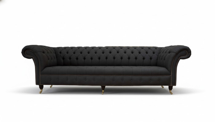 Divano Chesterfield 4 posti in tessuto nero per soggiorno design.