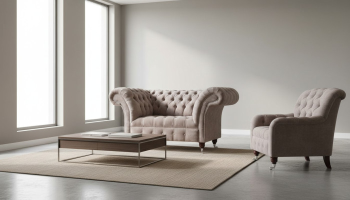 Divano Chesterfield 1 posto in tessuto di lusso, nuovo.