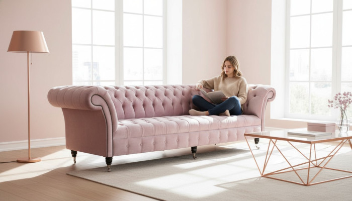 Divano Chesterfield rosa imbottito a 4 posti.