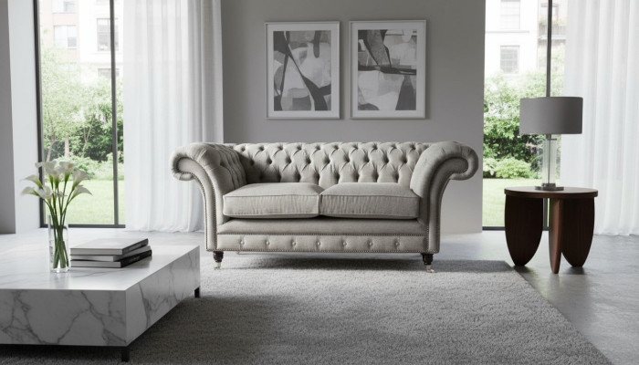 Divano Chesterfield grigio 2 posti in legno, nuovo divano a tre posti.