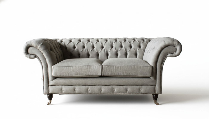 Divano Chesterfield grigio 2 posti in legno, nuovo divano a tre posti.