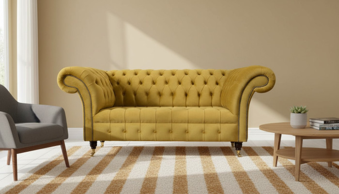 Divano a due posti Chesterfield design imbottito in tessuto textil.