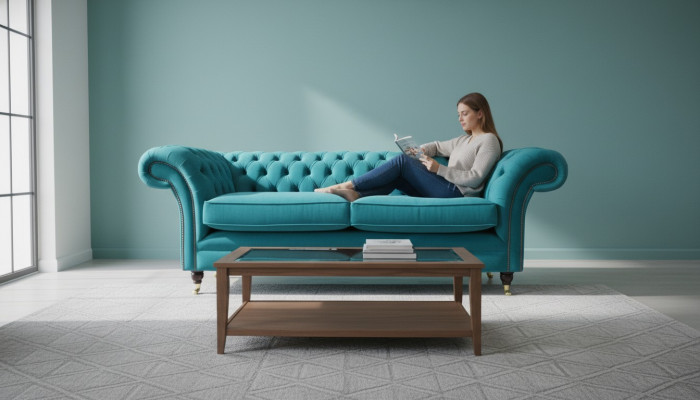 Chesterfield tre posti in tessuto blu design soggiorno divano imbottito