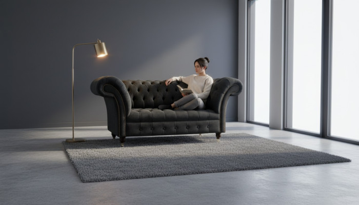 Divano Chesterfield, poltrona design in tessuto di lusso, divano imbottito a una piazza.