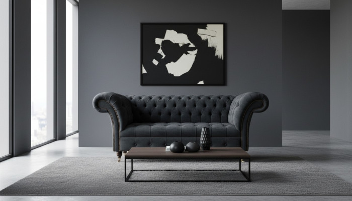 Divano Chesterfield, poltrona design in tessuto di lusso, divano imbottito a una piazza.