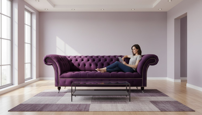 Divano Chesterfield lilla a 3 posti Chesterfield, divano di design in tessuto