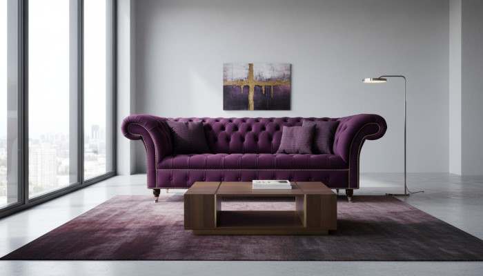 Divano Chesterfield lilla a 3 posti Chesterfield, divano di design in tessuto