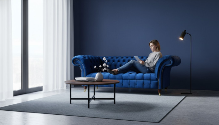 Divano Chesterfield blu a tre posti, divano a tre posti in tessuto di lusso.