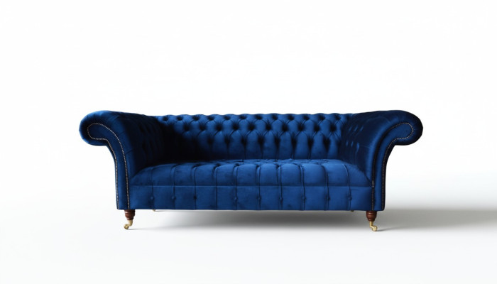 Divano Chesterfield blu a tre posti, divano a tre posti in tessuto di lusso.