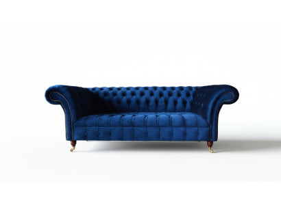 Divano Chesterfield blu a tre posti, divano a tre posti in tessuto di lusso.