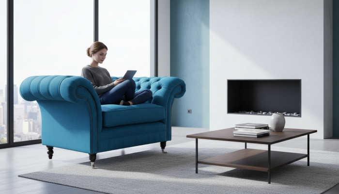 Chesterfield blu poltrona divano poltrona 1,5 posti in tessuto.