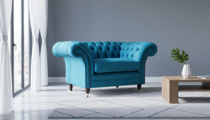 Chesterfield blu poltrona divano poltrona 1,5 posti in tessuto.