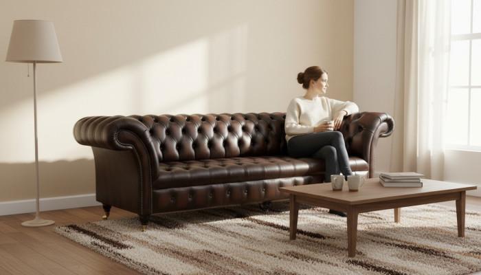 Divano in pelle 4 posti in stile lussuoso, classico e Chesterfield.