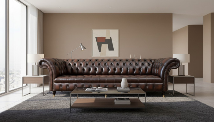 Divano in pelle 4 posti in stile lussuoso, classico e Chesterfield.