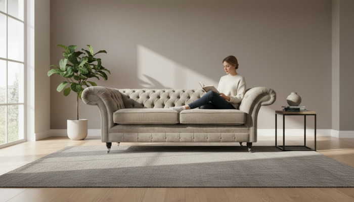 Divano Chesterfield a tre posti 3 posti in tessuto grigio salotto di lusso.