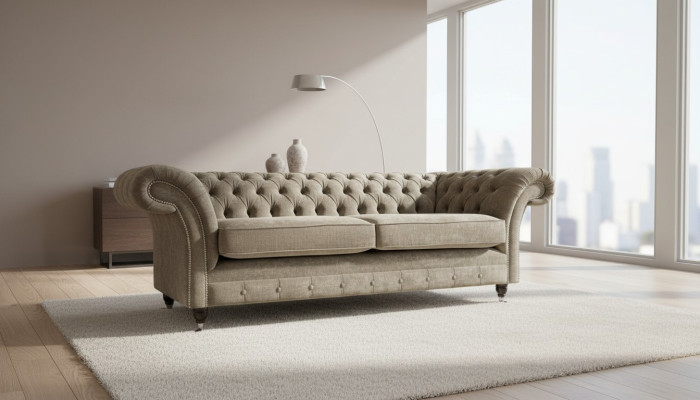 Divano Chesterfield a tre posti 3 posti in tessuto grigio salotto di lusso.