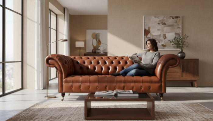 Divano Chesterfield 3 posti marrone in pelle imbottita design moderno per il soggiorno.