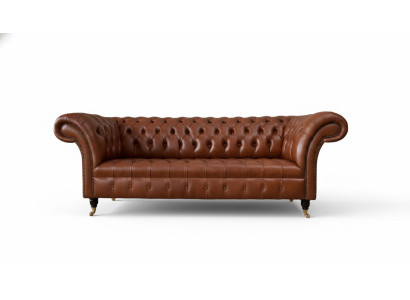 Divano Chesterfield 3 posti marrone in pelle imbottita design moderno per il soggiorno.