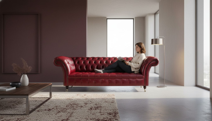 Chesterfield divano a 3 posti in pelle imbottita di lusso marrone 230cm.