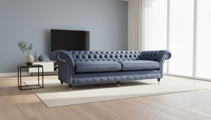 Design Chesterfield Divano 4 posti in tessuto Blu per il salotto.