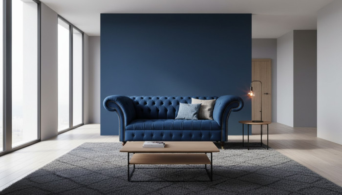 Mobili da ufficio Chesterfield in stile inglese, divano poltrona 2 posti in velluto blu reale.