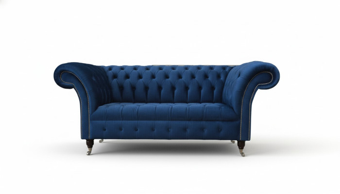 Mobili da ufficio Chesterfield in stile inglese, divano poltrona 2 posti in velluto blu reale.