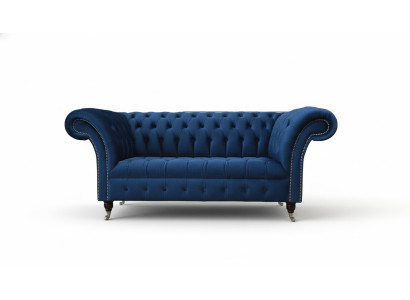 Mobili da ufficio Chesterfield in stile inglese, divano poltrona 2 posti in velluto blu reale.